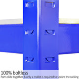 Blue metal storage shelf corner showing boltless design, with smooth edges and a sturdy structure for easy assembly and durability