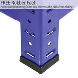 Blue metal storage shelf corner with free rubber feet, designed to protect floors and prevent sliding, showcasing sturdy construction