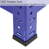 Blue metal corner shelving unit with rubber feet, designed to protect floors and prevent sliding, showcasing sturdy construction and durability