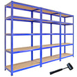 Three blue metal storage shelves with wooden shelves, measuring 90cm wide and 45cm deep, ideal for organizing items in various spaces