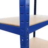 Blue metal storage shelves with sturdy frame and wooden shelves, measuring 90cm wide and 45cm deep, ideal for organizing items