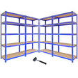 Blue metal storage shelves with four tiers, featuring sturdy wooden shelves and a rubber mallet for assembly, ideal for organizing spaces