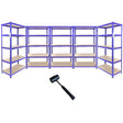 Blue metal storage shelves with five tiers, featuring sturdy wooden shelves, ideal for organizing tools and supplies in any space
