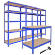 Three blue metal shelving units with wooden shelves alongside a matching workbench, featuring a rubber mallet for assembly