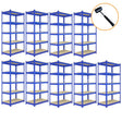 Nine blue metal racking units, each 90cm x 45cm x 180cm, featuring sturdy shelves and a rubber mallet for assembly included
