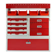 Metal van racking unit in white and red, featuring multiple drawers and orange storage bins for organized tool storage and easy access