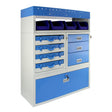 Metal van racking unit in blue and white, featuring multiple drawers, bins, and shelves for organized storage solutions
