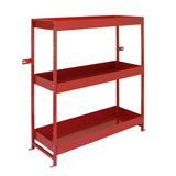 Sturdy red metal shelving unit with three spacious shelves, ideal for organizing tools and equipment in a garage or workspace