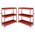 Sturdy red metal shelving unit duo with three open shelves, ideal for organizing tools and supplies in a garage or workshop
