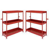 Sturdy red metal shelving unit duo with three open shelves, ideal for organizing tools and supplies in a garage or workshop