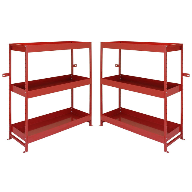 Sturdy red metal shelving unit duo with three open shelves, ideal for organizing tools and supplies in a garage or workshop