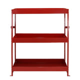 Sturdy red metal shelving unit with three open shelves, ideal for organizing tools and supplies in a garage or workshop