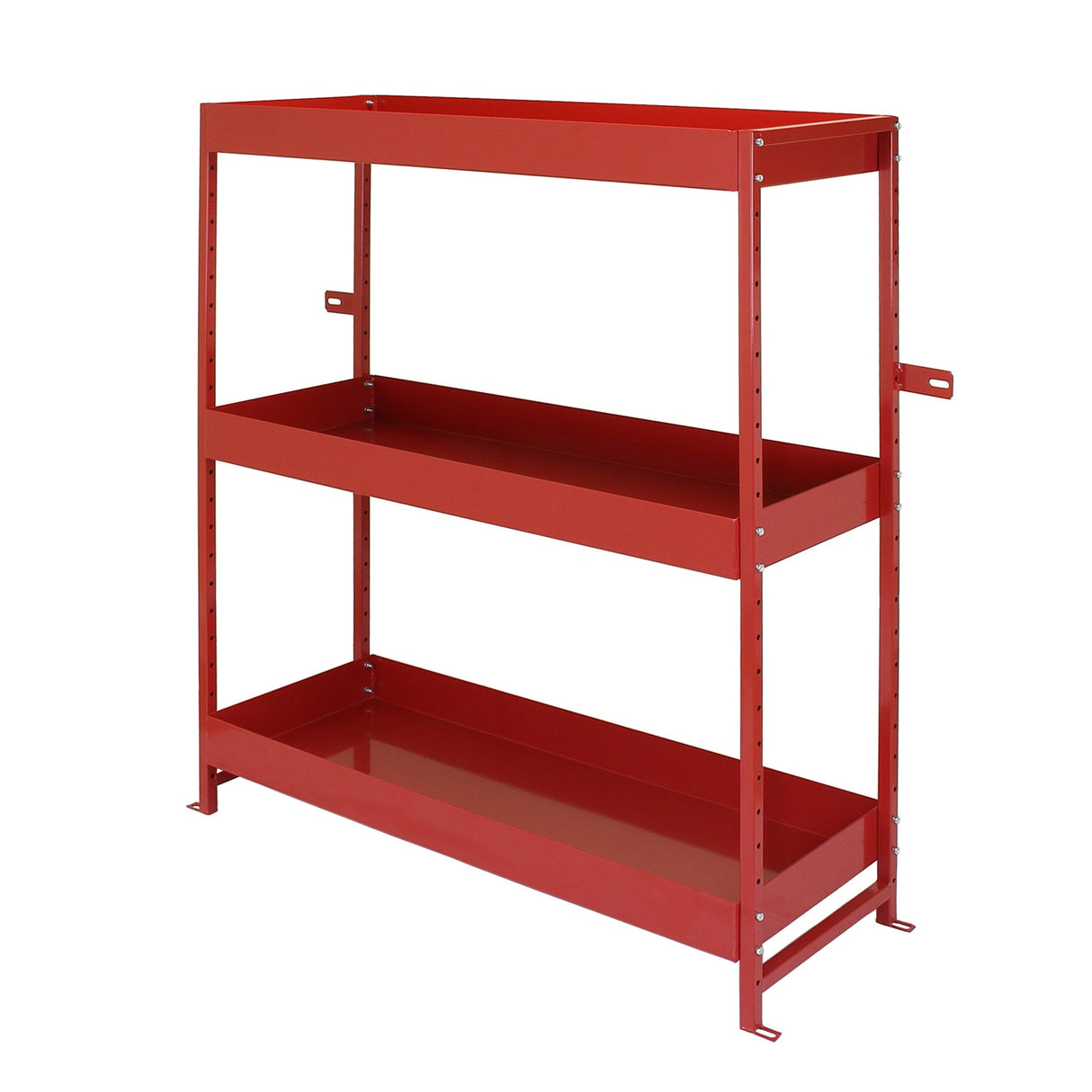 Sturdy red metal shelving unit with three spacious shelves, ideal for organizing tools and equipment in a van or garage setting