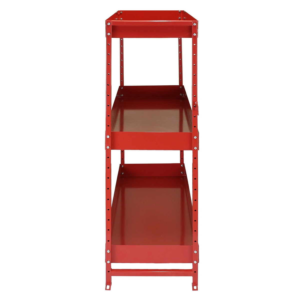 Red metal shelving unit with three sturdy shelves, featuring a sleek, industrial design ideal for organizing van interiors and storage spaces