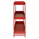 Red metal shelving unit with three sturdy shelves, featuring a sleek, industrial design ideal for organizing van interiors and storage spaces