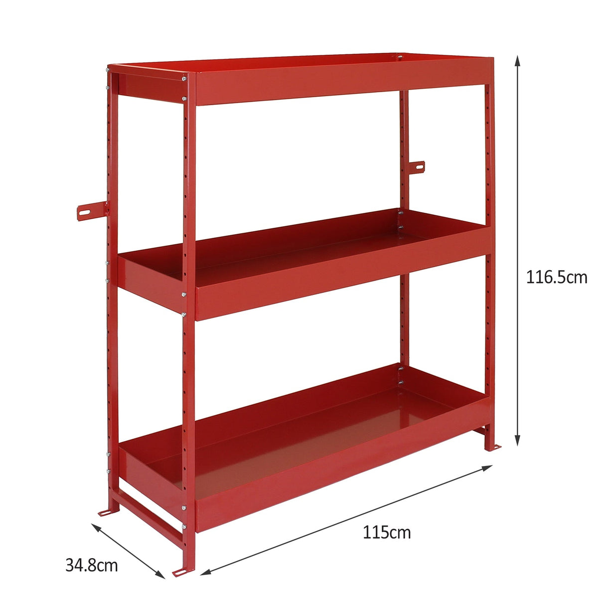 Sturdy red metal shelving unit with three spacious shelves, ideal for organizing tools and equipment in a garage or workspace
