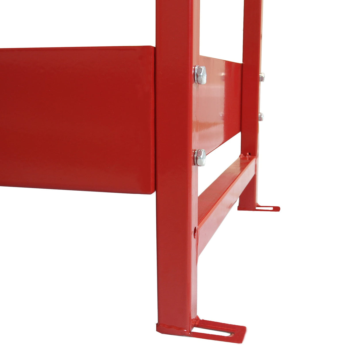 Red metal shelving unit with sturdy frame, featuring smooth surfaces and reinforced corners for durability and stability