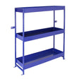 Sturdy blue metal shelving unit with three spacious shelves, ideal for organizing tools and equipment in a van or garage