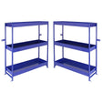 Sturdy blue metal shelving unit duo with three adjustable shelves, perfect for organizing tools and supplies in a van or garage