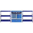 Blue metal shelving unit with multiple shelves, drawers, and bins, designed for efficient storage and organization in vans
