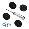 7ft Olympic weightlifting bar with shiny chrome finish, surrounded by black bumper weight plates in various sizes and securing clips