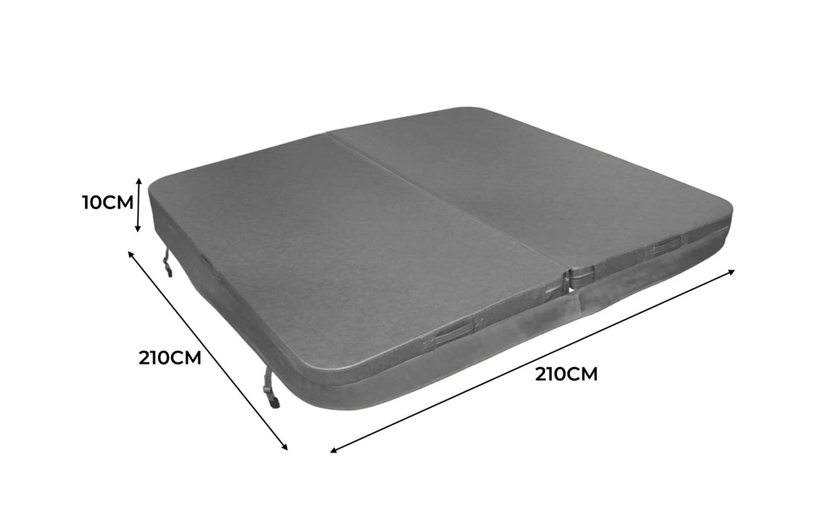 Grey 2.1m hot tub spa cover with a smooth texture, measuring 210cm x 210cm and 10cm thick, designed for durability and insulation