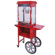 Bright red commercial popcorn maker machine on a sturdy cart, featuring a glass enclosure, large wheels, and a convenient serving shelf