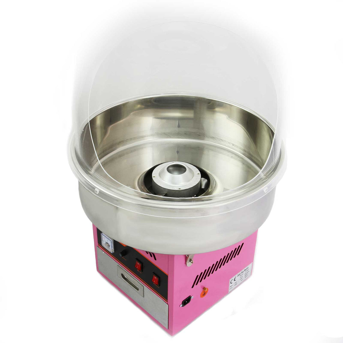 Cotton candy machine with a shiny stainless steel bowl, pink base, and transparent dome, designed for creating fluffy cotton candy