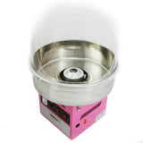 Cotton candy machine with a shiny stainless steel bowl, pink base, and transparent dome, designed for creating fluffy cotton candy