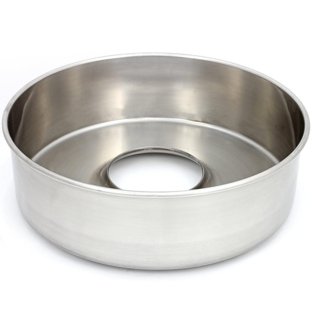 Shiny stainless steel round baking pan with a central tube, ideal for making cakes and desserts, featuring a smooth surface and sturdy design