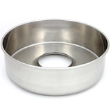 Shiny stainless steel round baking pan with a central tube, ideal for making cakes and desserts, featuring a smooth surface and sturdy design
