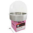Bright pink cotton candy machine with a stainless steel bowl, featuring control buttons and a clear dome for easy viewing