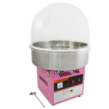 Bright pink cotton candy machine with a stainless steel bowl, featuring control buttons and a clear dome for easy viewing