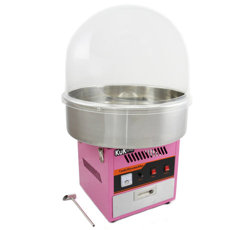 Bright pink cotton candy machine with a stainless steel bowl, featuring control buttons and a clear dome for easy viewing
