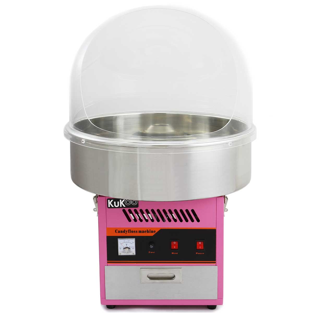 Pink and silver candy floss machine with a clear dome, featuring control buttons and a stainless steel bowl for making cotton candy