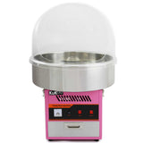 Pink and silver candy floss machine with a clear dome, featuring control buttons and a stainless steel bowl for making cotton candy