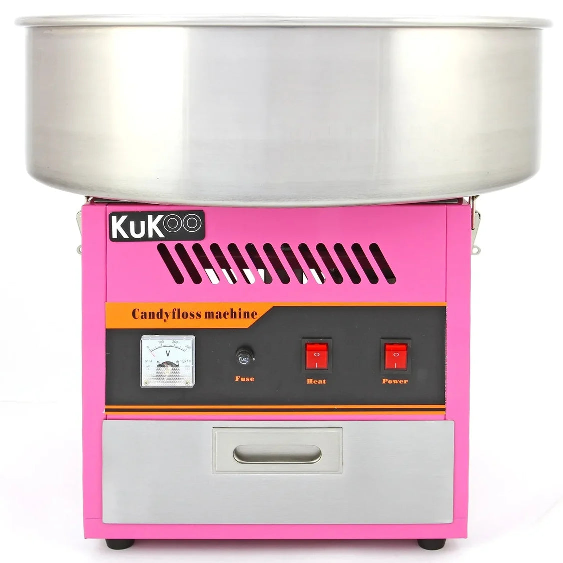Bright pink candy floss machine with a stainless steel bowl, featuring control buttons for heat and power, ideal for parties and events