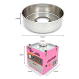 Stainless steel cotton candy machine with a pink base, featuring a large bowl, control panel, and dimensions for easy setup
