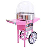 Bright pink cotton candy machine on a wheeled cart, featuring a large clear dome and stainless steel bowl for easy candy preparation