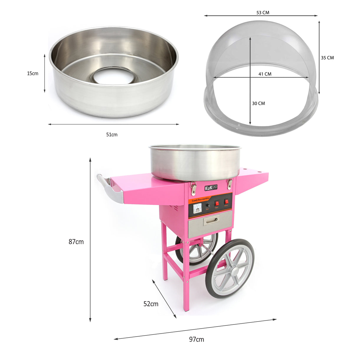 Bright pink cotton candy machine with stainless steel bowl and dome, featuring a control panel and large wheels for mobility