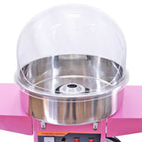 Bright pink candy floss machine with a shiny stainless steel bowl and clear plastic dome, designed for making fluffy cotton candy