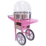Bright pink cotton candy machine with a stainless steel bowl, clear dome cover, and sturdy wheels for easy mobility