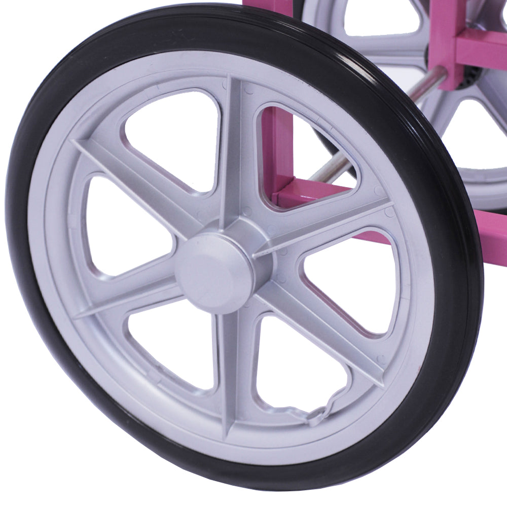 Close-up of a pink cart wheel featuring a silver five-spoke design and a black rubber tire, showcasing smooth texture and durability