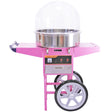 Bright pink candy floss machine on a wheeled cart, featuring a stainless steel bowl and a protective dome for safety