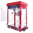 Bright red KuKoo 8oz commercial popcorn machine with clear glass panels, stainless steel base, and a classic vintage design