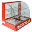 Red glass food warmer with curved front, three wire shelves, and two stainless steel trays, ideal for displaying hot dishes