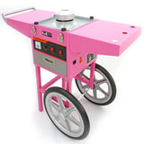 Bright pink cotton candy machine on wheels, featuring a stainless steel bowl, control panel, and sturdy metal frame for easy mobility