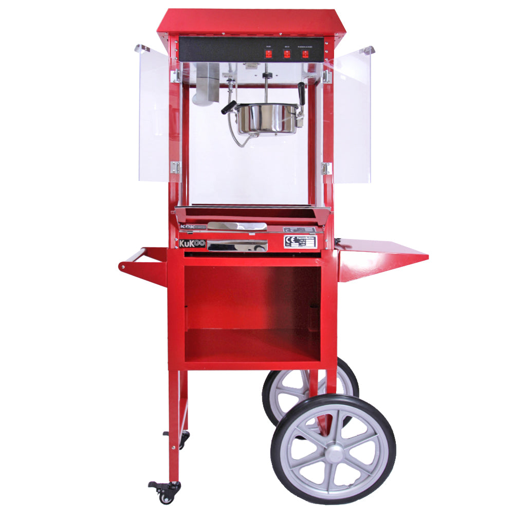 Bright red popcorn machine on wheels with a transparent glass front, stainless steel kettle, and a sturdy cart for easy mobility