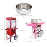 Red cotton candy machine with transparent panels, stainless steel bowl, and wheels for easy mobility, dimensions 136cm x 70cm x 87cm