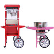 Bright red popcorn machine and pink candy floss machine on carts, featuring stainless steel bowls and easy-rolling wheels for mobility